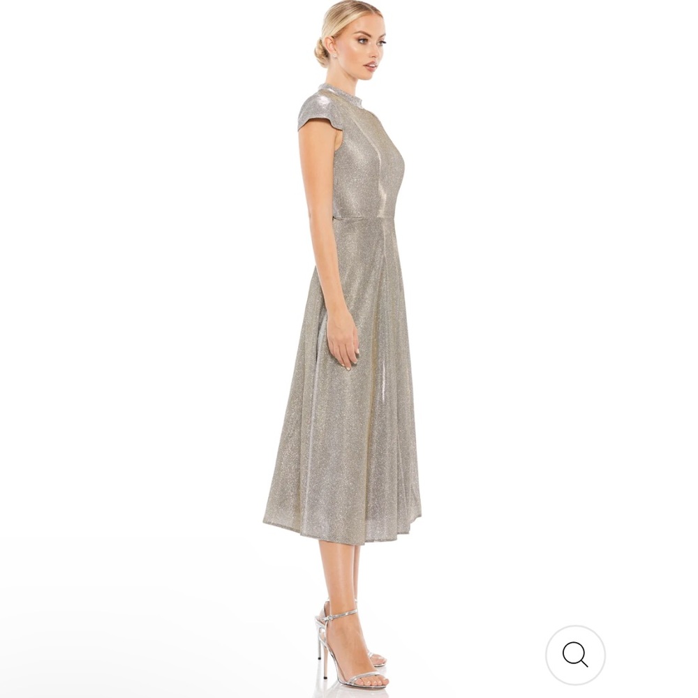 Metallic Silver Midi Dress with Cap Sleeves - Picture 3 of 4